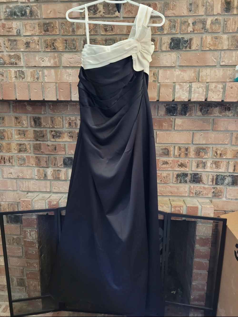 David’s Bridal Black and Cream One-Shoulder Gown with Bow Detail
